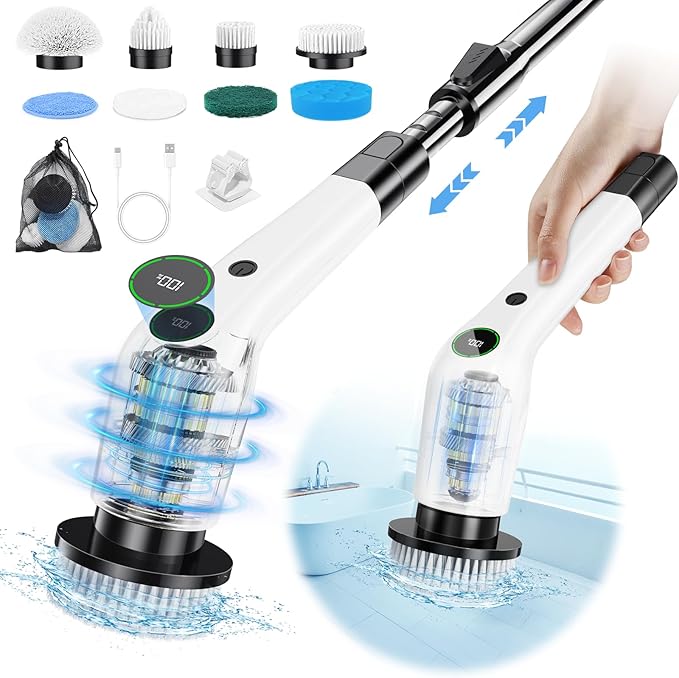 Electric Spin Scrubber Cordless Shower Scrubber with 8 Scrub Brush 2 Speed with Adjustable Extension Handle Battery Level Display Power Scrubber for Bathroom Bathtub Tile Floor (Black)