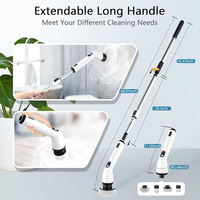 TUYU Electric Spin Scrubber Full-Body IPX7 Waterproof Bathroom Scrubber with Power LCD Display 8 Replacement Head Adjustable Extension Handle Cordless Shower Cleaner Brush for Bathtub Cleaning