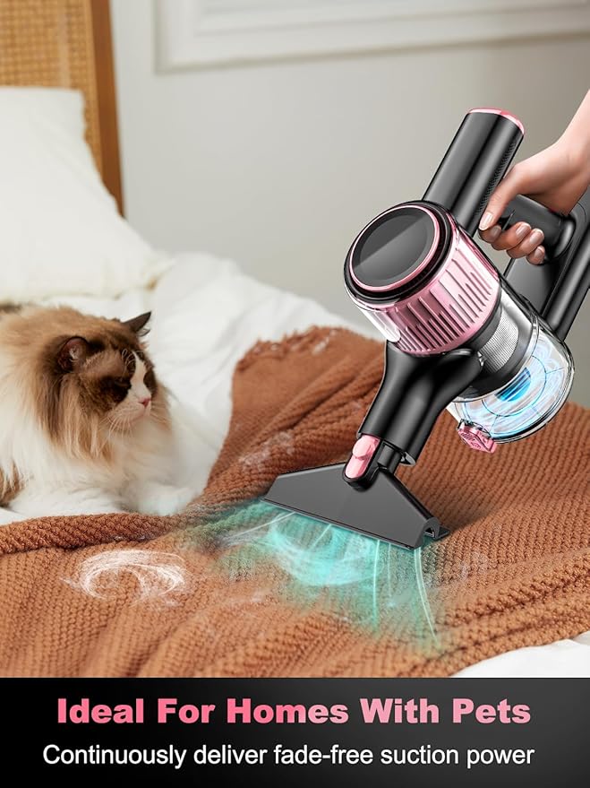 Cordless Vacuum Cleaner40Kpa 8 in 1 Powerful Stick Vacuum with Anti-Tangle Brush and Upgraded Green Light 45mins Runtime Rechargeable Lightweight Vacuums for Hardwood Floor Pet Hair (Pink)