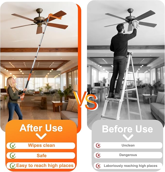 20FT Reach Ceiling Fan Cleaner Duster Fan Blade Cleaner Kit with 3-12FT Extension Pole Microfiber Duster &amp Replaceable Cleaning Cloth for Blades Ceiling Furniture