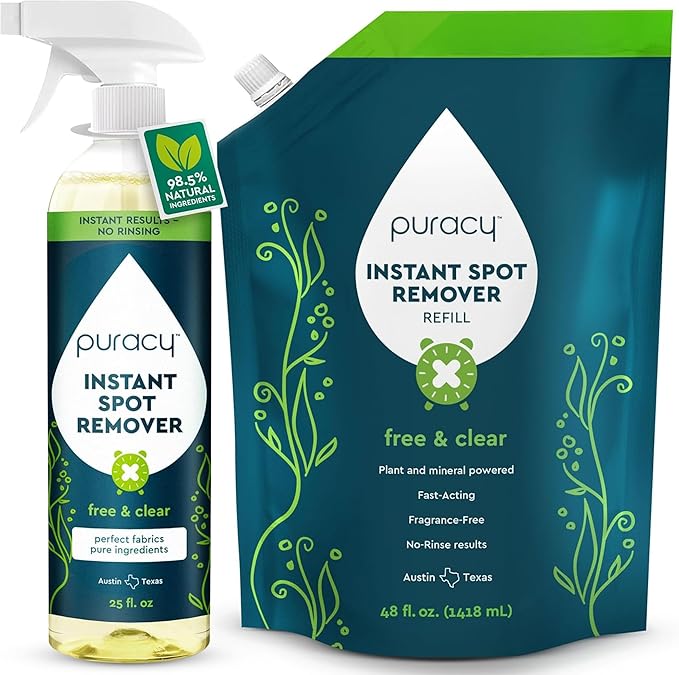 Puracy Instant Spot Remover for Clothes - Cleaning Spray Stain Spray - Car Cleaner Carpet Cleaning Solution Couch Stain Remover - Free &amp Clear 25 + 48 Fl Oz