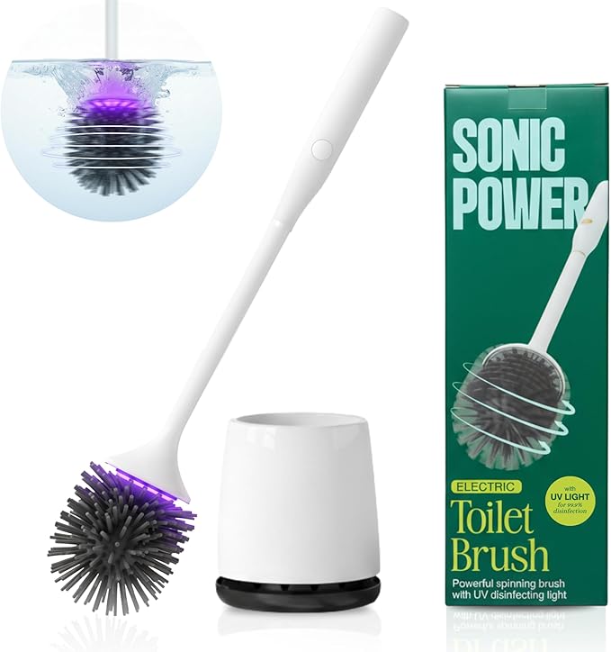 Electric Toilet Brush &amp Scrubber – Self Cleaning Silicone Toilet Bowl Brush with UVC Light Rechargeable Wireless Spinning Toilet Brush &amp Holder Set Wall Mount or Floor Standing (Pack of 1)