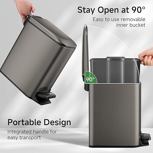 TIPGO Slim Bathroom Trash Can with Lid Soft Close 6 Liter / 1.6 Gallon Stainless Steel Garbage Can with Removable Inner Bucket Step Pedal Small Trash Cans for Bedroom Office Kitchen (Black Gold)