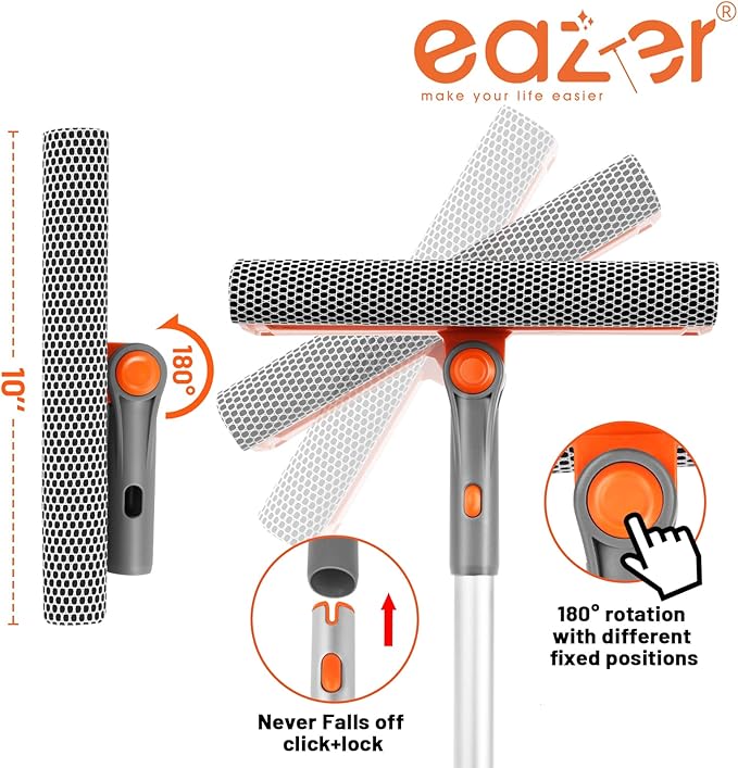 Eazer 46'' Professional Window Cleaner Tool 2-in-1 Rotatable Squeegee for Window Cleaning Kit Window Washing Equipment Kit with Threaded Extension Pole(20''-46'') for Shower/Windshield.