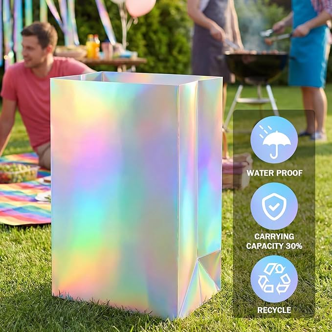 Tinlade 6 Pack 13 Gallon Iridescence Disposable Trash Cans Extra Large Thickened Waterproof Reusable Garbage Bins Foldable Pop up Recycle Bins for Galentines Day Bachelorette Wedding Iridescent Party