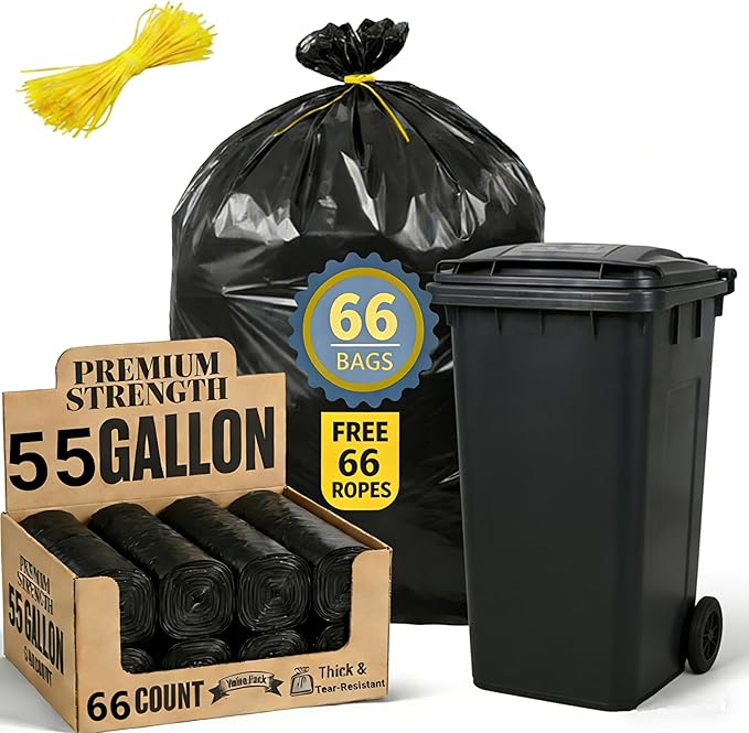 55 Gallon Trash Bag 66 Count Garbage Trash Bags 2.0 Mil Heavy Duty 40 x 47 Large Black Plastic Trash Can Liners Huge for Construction Industrial Yard Outdoor Commercial