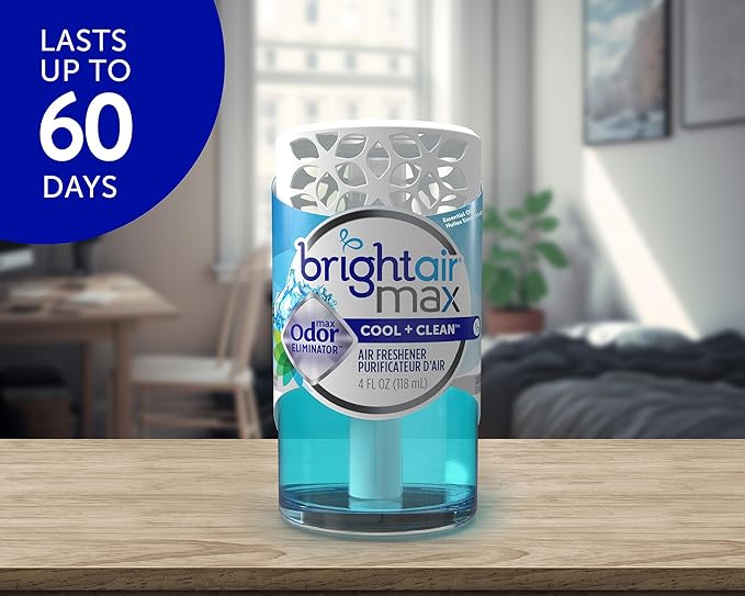 Bright Air Max 4 oz. Odor Eliminator Air Freshener for Medium-Size Spaces Cool &amp Clean Scent Case of 6 Lasts up to 60 Days Each