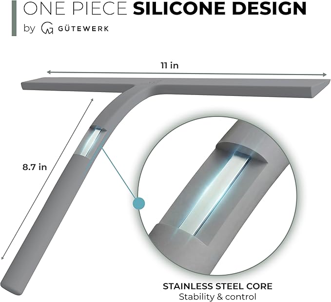 GÜTEWERK Shower Squeegee for Glass Doors Silicone Window Squeegee Bathroom and Glass Cleaning - Gray - 11 Inch