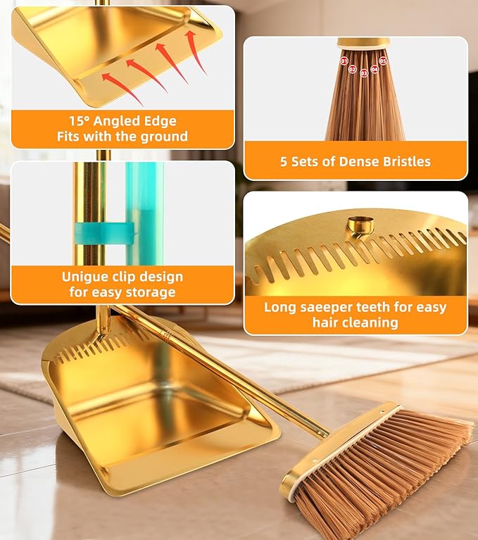 Gold Stainless Steel Broom and Dustpan Set 2-Piece Long Handle Standing Pan with Comb Teeth Heavy Duty Windproof Upright Design for Home Kitchen Indoor Outdoor Use