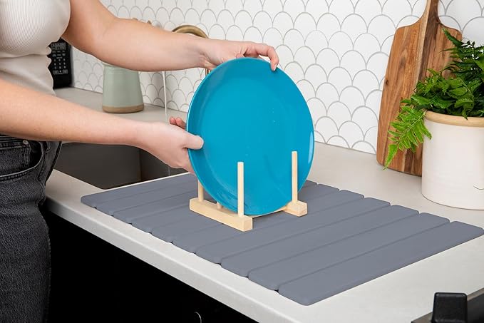 HavenMat – Large Stone Dish Drying Mat (24”x16”) with Bamboo Rack &amp Brush | Quick-Dry Diatomite Counter Mat for Dishes Glassware Plants &amp Pets | Grey Kitchen Drying Stone (Grey)