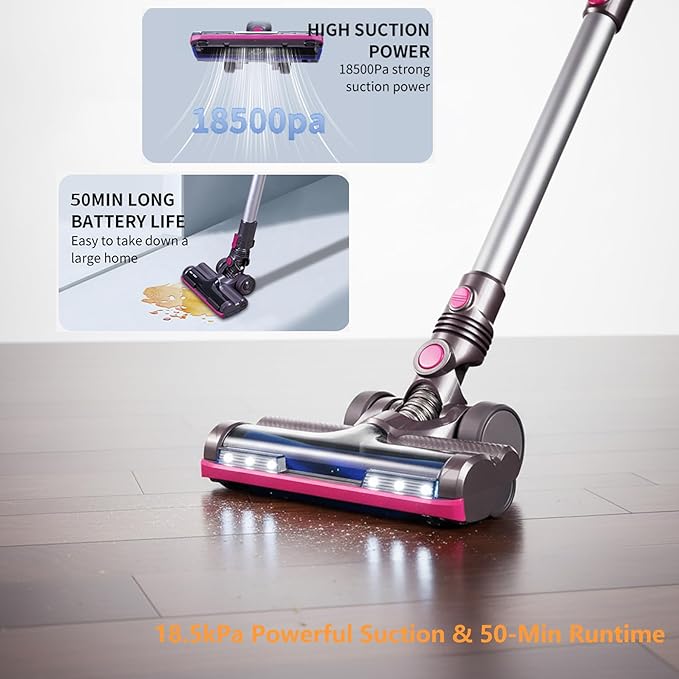 Novaspark Pink Cordless Stick Vacuum Cleaner - 18.5kPa Powerful Suction 50-Min Battery Pet Hair Removal Lightweight 5.5lbs LED Lights HEPA Filter 4-in-1 Brush Set for Carpet &amp Hard Floors