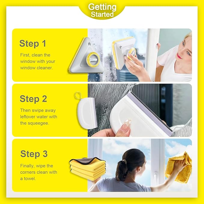 Double-Sided Magnetic Window Cleaner | Adjustable Glass Wiper &amp Brush Tool with Upgraded Squeegee &amp Microfiber Towel for High-Rise Double/Single Glazed Windows Fits 0.2″-1.1″ Thickness