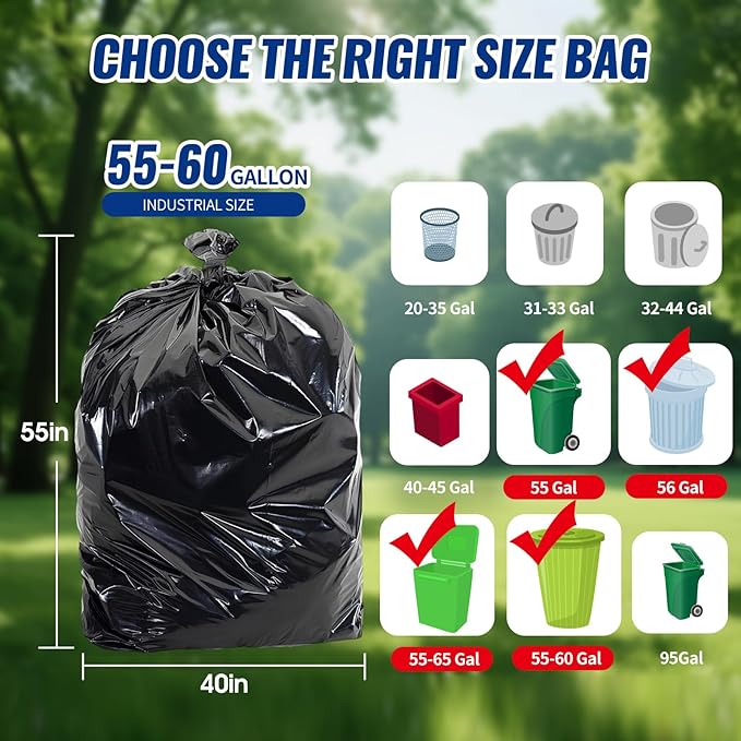 120 Count 55-60 Gallon Trash Bags Tear-Free Large Black Garbage Bags for Kitchen Office Outdoor Commercial Use Lawn and Leaf Bags Lightweight 17 Micron Design for Daily Dry Waste