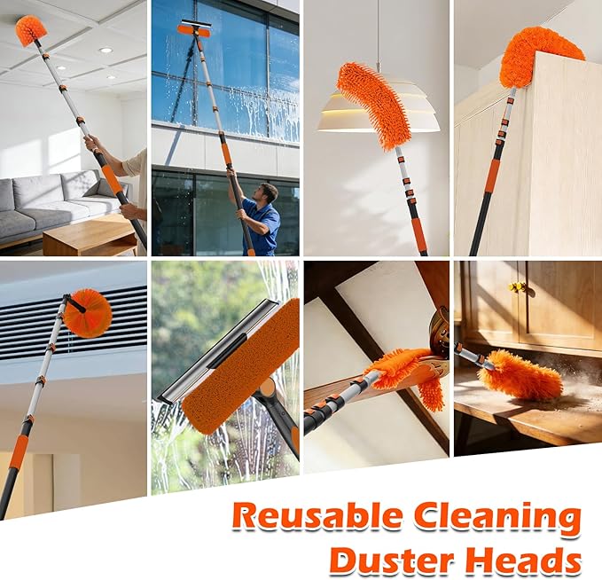 16FT Reach High Ceiling Duster Kits with 3-12FT Adjustable Pole - Includes Extra Long Duster High Ceiling Duster Rotatable Window Squeegee &amp Cobweb Duster for Ceiling Fans and Whole House Cleani