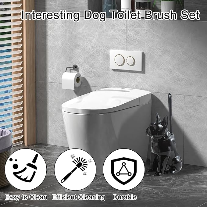 Comeon Ceramic Dog White/Black Toilet Brush and Holder Set Plastic Handled Scrub Brush for Bathroom Cleaning13.7*6.3 (Black)