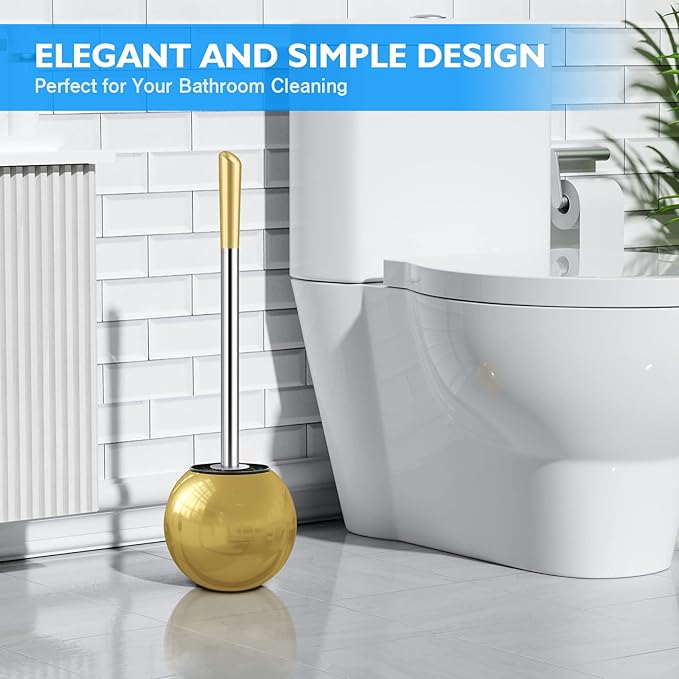 Toilet Brush and Holder 2 Pack 304 Stainless Steel Toilet Brush with Extended and Durable Comfortable Brush Handle Toilet Bowl Brush for Bathroom Toilet - Ergonomic Pratical Durable (Gold)