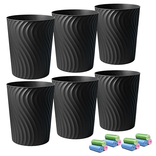 YGJT Small Trash Can 6 Pack 1.8 Gallons Bathroom Trash Can Slim Waste Basket Round Garbage Can Plastic Trash Bin for Kitchen Dorm Bedroom Office Living Room Study Compact Spaces(Black)