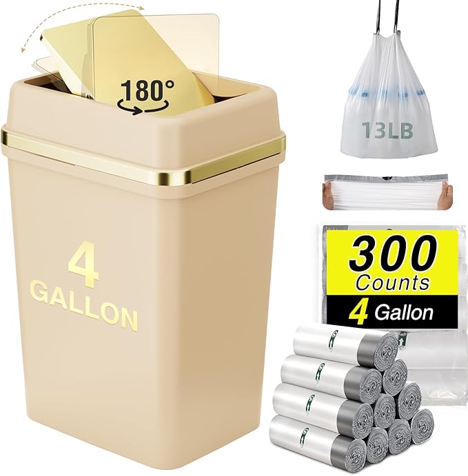 Bathroom Trash Can with Lid 4 Gallon Trash Can with Swing Lid Beige Small Garbage Can Bathroom Garbage Can with 300 Counts Trash Bags for Kitchen Bedroom Office