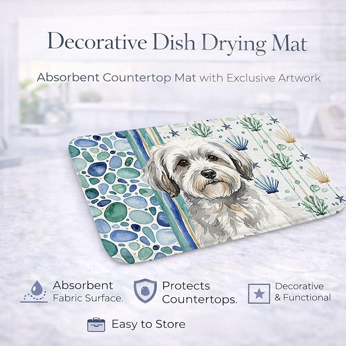 Caroline's Treasures White with Gray Coton de Tulear Coastal Sea Glass Dish Drying Mat Absorbent Dish Drying Mat Pad for Kitchen Counter Dish Drainer Mat for Countertop 14 x 21 Multicolor