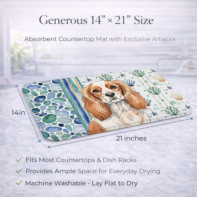 Caroline's Treasures Blenheim Cavalier Spaniel Coastal Sea Glass Dish Drying Mat Absorbent Dish Drying Mat Pad for Kitchen Counter Dish Drainer Mat for Countertop 14 x 21 Multicolor