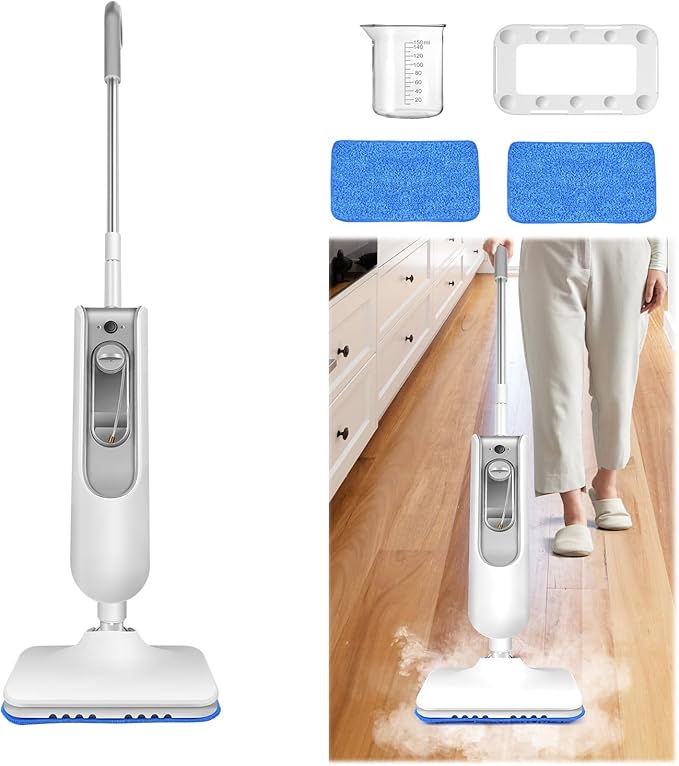 Steam Mop Hard Floor Cleaner Handheld Deep Steam Cleaner With Rectangle Head and 2 Washable Pads Adjustable Steam Modes Fast Heating Soft-Grip Handle and Powerful Steam White