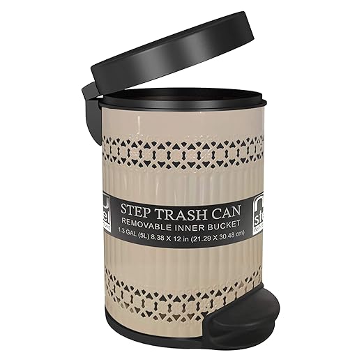 nu steel 5 Liter Round Small Metal Step Trash Can Wastebasket Garbage Container Bin - for Bathroom Powder Room Bedroom Kitchen Craft Room Office - Removable Liner Bucket - 8 x 8 x 12 – Ivory