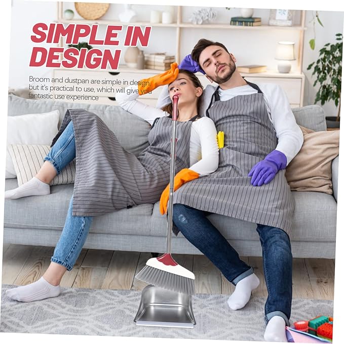 POPETPOP 1set Stainless Steel -Handle Broom and Dustpan for Home Cleaning Ergonomic Design Flexible Bristles Wind Dustpan for Easy Indoor and Outdoor Use
