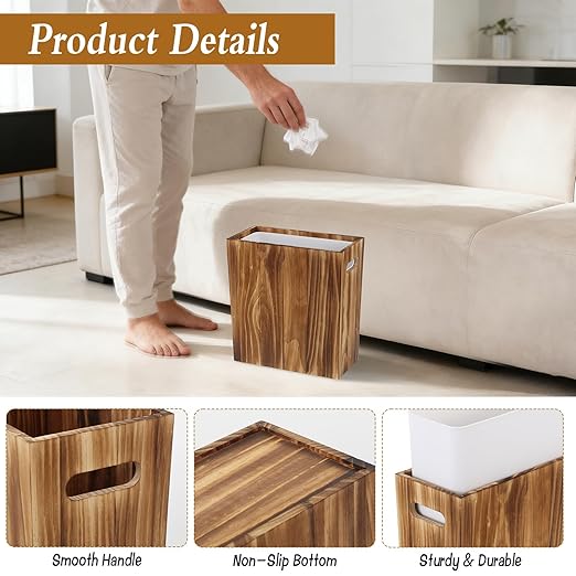 3 Gallon Wooden Trash Can with Liner Small Solid Wood Waste Basket with Handles Trash Can Narrow Garbage Decorative Wastebasket for Bedroom Bathroom Kitchen Living Room Office Decorative