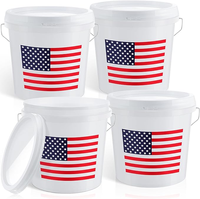 4 Pcs 2 Gallon Plastic Bucket with Lid and Handle Large White Heavy Duty Bucket with American Flag for Home Gardening Tools Household Cleaning Baseballs Storage Container