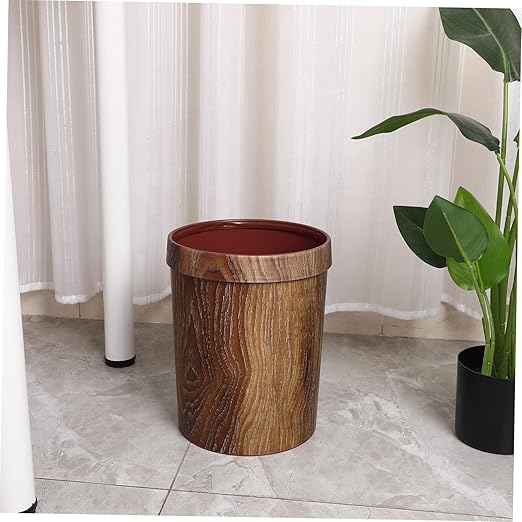 VALICLUD Vintage Wood Grain Trash Can Small Rustic Waste Basket for Kitchen Bathroom Living Room Office Elegant Household Rubbish Bin with Classic Wood Pattern Design