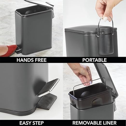 mDesign Rectangular Pedal Bin – 5 L Metal Waste Bin with Pedal Lid and Plastic Bucket Insert – Household Rubbish Bin for Bathroom Kitchen and Office – Dark Grey