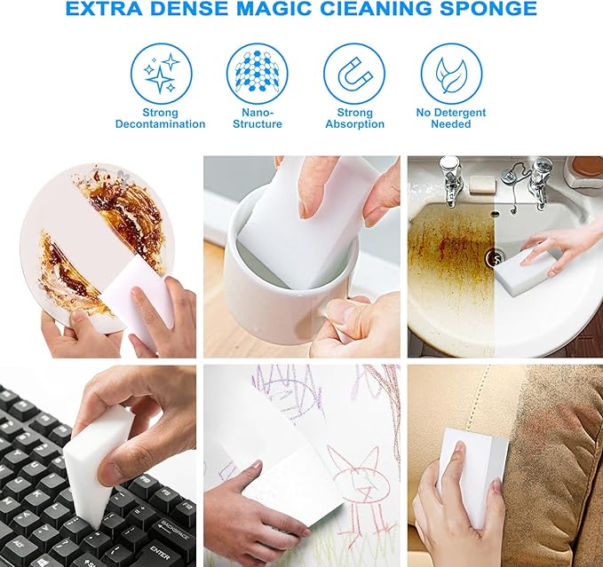 100 Pack Magic Sponge Eraser Premium Reusable Melamine Sponges Powerful Cleaning for Kitchen Bathroom Walls Shoes Electronics Household Cleaning Kitchen Dish Sponges. Durable &amp Not Easily R