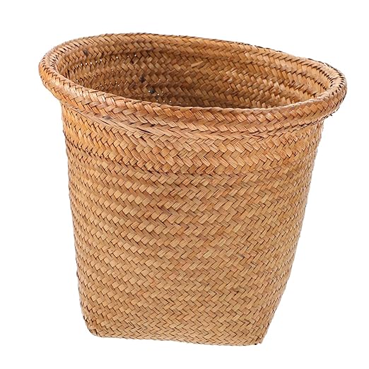 BESPORTBLE Straw Woven Wastebasket Medium Open Top Office Trash Container Decorative Storage Bin for Spaces Bedroom Bathroom Kitchen Home Use Random Color