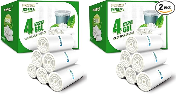 FORID Clear Small Trash Bags 4 Gallon Garbage Bags Wastebasket Bin Liners 330 Count Plastic Trash Bags for Bathroom Bedroom Office Trash Can 15 Liters - Durable &amp Thick Trash Bag (Pack of 2)