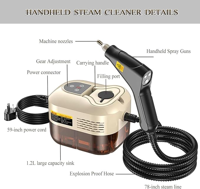 Handheld Steam Cleaner 1500W High Pressure Steamer With 3 Brush Heads 15s Heat-Up 6-Level Temp 1.2 L Water Tank Portable Steam Cleaning Machine for Car Kitchen Bathroom(Style4)