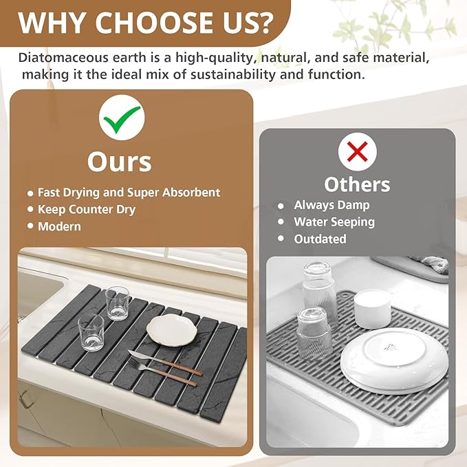 2 PCS Large Stone Dish Drying Mat for Kitchen Counter Marbled Quick Dry Stone Dish Mats Diatomaceous Earth Drying Pad Foldable and Super Absorbent Dish Drying Stone Mat (Dark Gray 24×16 &amp 8×