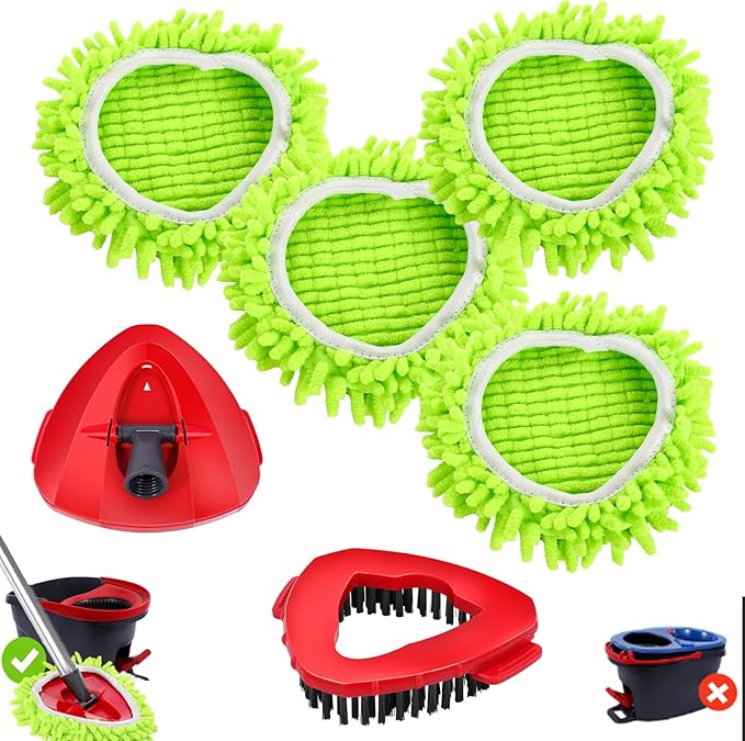 4 Pack Spin Mop Replacements Head Compatible for Oceda EasyWring 1-Tank SystemMicrofiber Spin Mop Refills Head1 Mop Scrub Brush + 1 Mop Base + 4 Pack Cleaning Floor Mop Head（Green)
