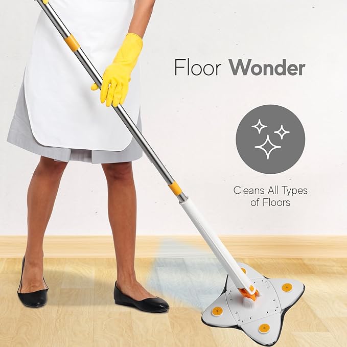 Magic Mop w/ Adjustable Long Handle and 2 Replacement Pads 360° Rotatable Multi Purpose Cleaning Mop (White)