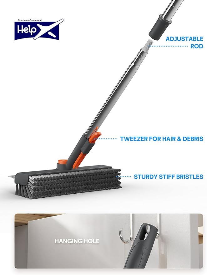 Floor Scrub Brush with Long Handle 3 in 1 Multi-angle Swivel Right Angled Bristle Floor Scrubber Brush with Squeegee and Tweezer for Cleaning Tile Wall Deck Bathroom Patio Garage Kitchen (Grey)