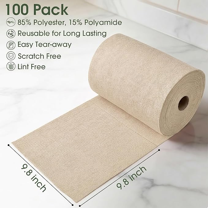 Microfiber Cleaning Cloth Roll - 100 Pack Tear Away Microfiber Paper Towels Reusable Washable Scratch-Free Kitchen Towels for Car Home Kitchen Glass Dishes(Desert Gold)