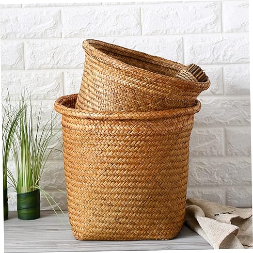 ARTIBETTER 2pcs Seagrass Waste Basket Woven Trash Can Garbage Container Bin Wicker Rattan Laundry Hamper Plant Pot Holder Sundries Storage Basket for Kitchen Bathroom Home Office