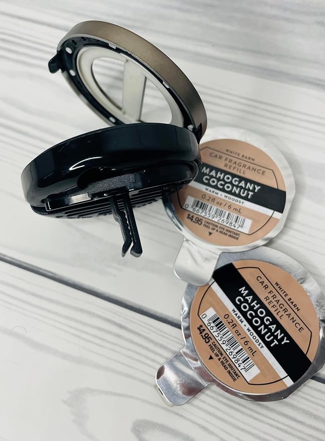 Bath and Body Works Leather Stitched Car Easy Open Fragrance Holder and Mahogany Coconut Disc Refills Set of 3