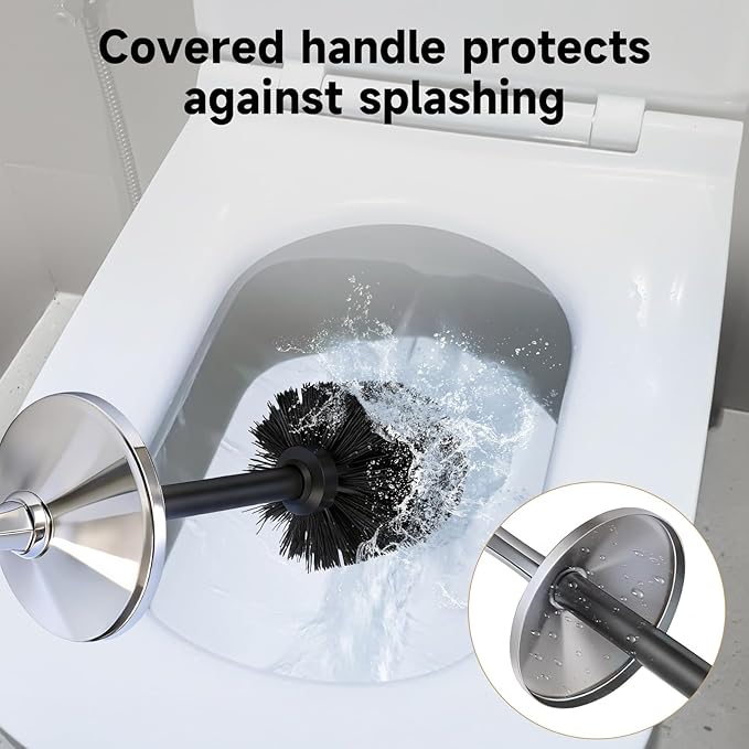 Silver Toilet Brush and HolderExtra Long Handled Toilet Brush for BathroomStainless Steel Heavy Duty Toilet Bowl BrushDeep Cleaning Modern Toilet Cleaner Brush -Space Saving Covered Brush