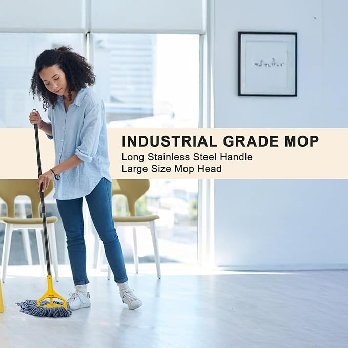 Commercial Industrial Mop with 3 Extra Large Reusable Replacement Head59 Long Handle Heavy Duty Wet MopsLooped-End String Cotton Mop for Floor CleaningHouseKitchenOfficeGarageTile(Yellow)