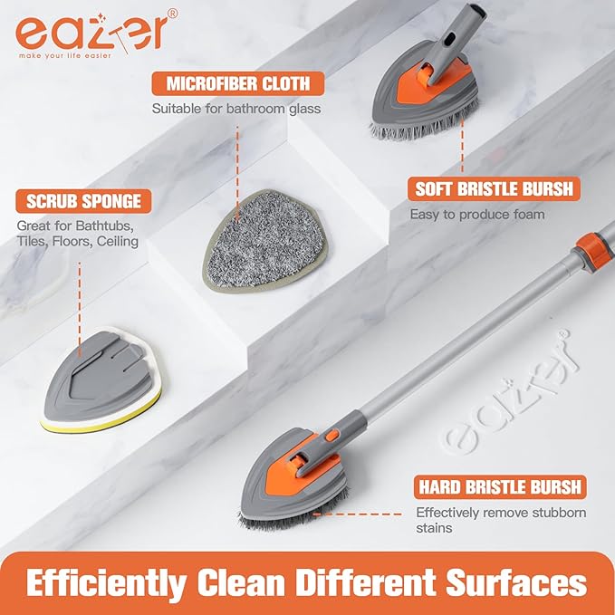 Eazer 4-in-1 Long-Handled Tub Scrubber-Versatile Bathroom Cleaning Brush with Shower Scrubber-Ideal Shower Cleaner Brush for Efficient Cleaning-Long Handle Scrub Brush for Shower Tub and Bathroom