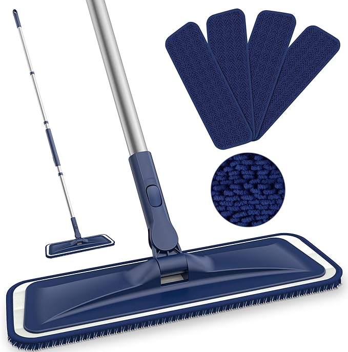 Grey Flat Floor Mop with 4 Washable Microfiber Pads for Mopping+ Blue Flat Floor Mop with 4 Reusable Chenille Pads for Dusting