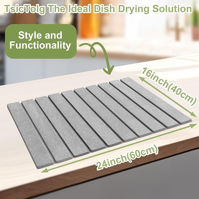 Grey Stone Drying Mat for Kitchen Counter Foldable 24 x 16 Diatomaceous Earth Dish Drying Mat Quick-Dry and Absorbent Mat for Dishes Bottles Cups Bathroom or Countertops