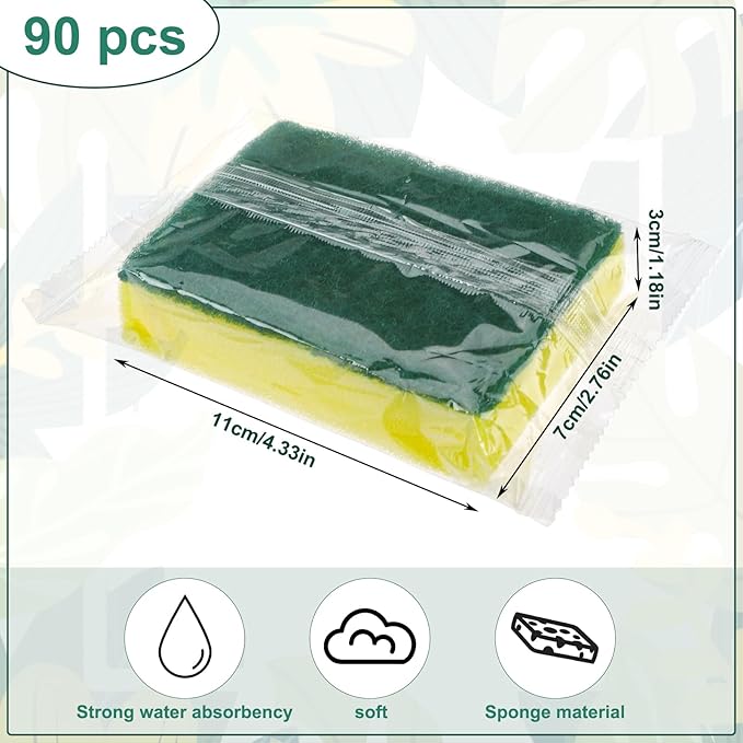 90 Pack Individually Wrapped Sponges Uncompressed Kitchen Dishwashing Non Scratch Scrouing Sponge Bulk for Hotel Car Airbnb ApartmentsGreen