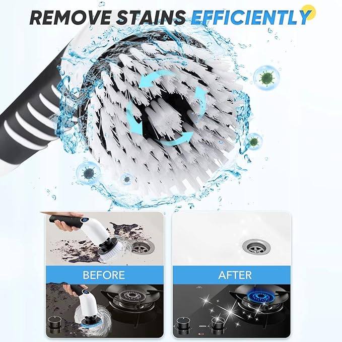Electric Spin Scrubber Cordless Cleaning Brush Power Shower Scrubber Long Handle Extendable Handheld Electric Scrubber for Bathroom Floor Tub Tile with 8 Replaceable Brush Heads &amp Hook