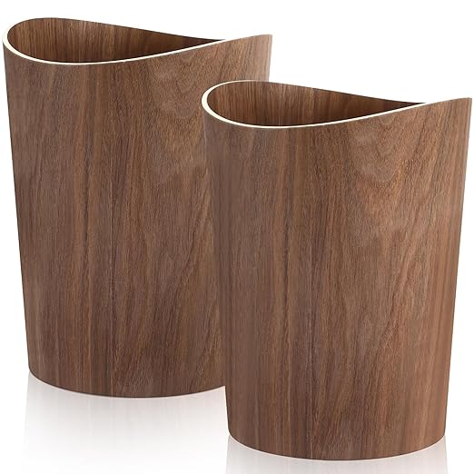 2 Pack 2.3 Gallons Wood Trash Can Wastebasket Natural Wood Round Wastebasket Small Trash Bin for Home Office Under Desk Kitchen Bedroom Den Hotel Room (Dark WoodWavy)